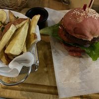 Burger and chips  at The Open Kitchen in Monteverde