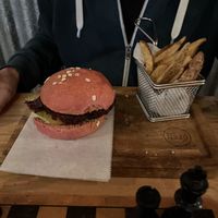 Vegan burger with fries  at The Open Kitchen in Monteverde