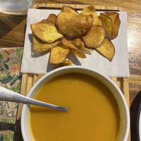 Orange soup (pumpkin, sweet potato, carrot, ginger, coconut milk, etc.) Lovely!!  at The Open Kitchen in Monteverde