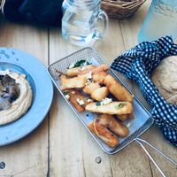 Hummus, yucca fries & bread at The Open Kitchen in Monteverde