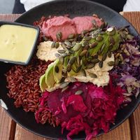 Hummus with brown rice and tempeh at A.VO.KA.DO in Malmo