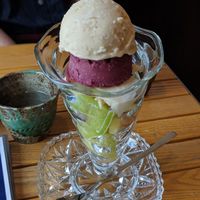 Vegan parfait - soy milk vanilla ice cream and "wine grape" flavour sorbet at Parfait & Restaurant Hawaii in Nagasaki