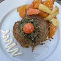 Vegan fritter with roasted roots  at The Suter Cafe in Nelson