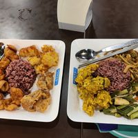 Rice with 3 side dish, each. We shared to taste all. These were: corn fritters, taro fritters, fried sweet and sour soy meat, curried pumpkin, stie fried king oyster mushrooms, sti at Terminal 21 - Pier 21 Food Court Stall in Pattaya