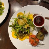 Roasted sweetpotatoes, marinated salad, beets purée  at Effe Terrattoria in Tokyo