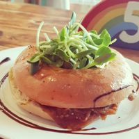 Smoked leek and cream cheese bagel at Rainbow Kitchen in Mullumbimby