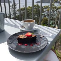 Vegan brownie and long black brekkie  at Inner Light Tea Rooms in Nelson Bay