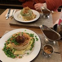 mock a doodle pie mother earth meals (mash, peas, parsnip and kale fritter with extra crispy onions)  at Pieminister in Cardiff