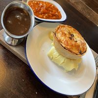 Mooless pie, mash, gravy and Smokey BBQ Beans at Pieminister in Sheffield