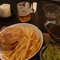 Vegan pie, with pea pure and vegan gravy at Pieminister in Sheffield