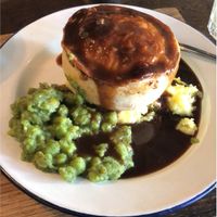 Chooks away with vegan mash, onion gravy and minted mushy peas at Pieminister in Leeds