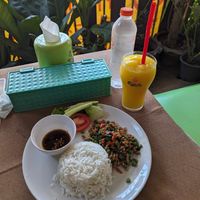Mango smoothie and a dish I forgot, I think it was the basil and chilies dish with rice at Mhee Yim Vegetarian Food in Hua Hin