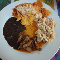 Beans, tofu, chilaquiles, soy meat at Planeta Vegetariano in Puerto Vallarta
