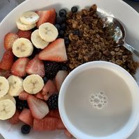 Breakfast option: Granola + fruits + almond milk 😋 at Moondog in Key West