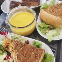Vegan quiche, soup and cookie dough cake - delicious! at Le Café Potager in Strasbourg