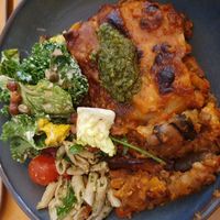 Lasagne and 2 sides at The Happy Pear in Greystones