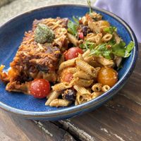 Lentil lasagna with pasta salad   at The Happy Pear in Greystones