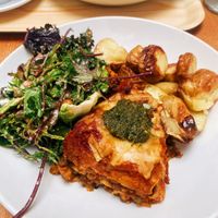 Lasagna, potatoes and saladd  at The Happy Pear in Greystones