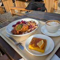 Lasagna and salad with a coffee and polenta cake at The Happy Pear in Greystones