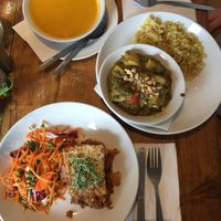 Moussaka, lentil dahl and sweet potato& carrot soup ❤️ at The Happy Pear in Greystones