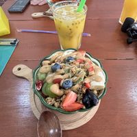 Passionfruit/orange juice with kiwi banana bowl and peanut butterr  at Every Fresh Bar in Penang