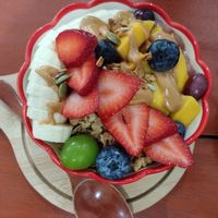 Tropical berry smoothie bowl with added peanut butter at Every Fresh Bar in Penang