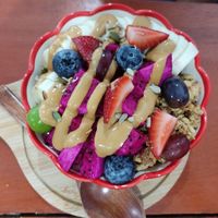 Purple pitaya smoothie bowl with added peanut butter at Every Fresh Bar in Penang