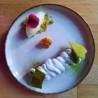 Dessert: matcha tiramisu, agavecomb candy, sorbet at Magu in Helsinki