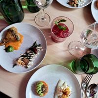 Spring menu 2025 - romanesco & romesco, beans with fermented plum, sweet potato, sweet pea aand vanilla, whie aspargus with maltaise sauce at Magu in Helsinki