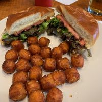 Black bean burger and sweet potato tater tots  at The Covered Bridge in Campton