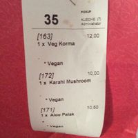 We got take-out food today and specified that we wanted it vegan. I wasnt sure if the person really understood, but the receipt made it clear that we got vegan food. 👍🏻 at Ganesha in Coburg