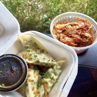 Veggie dumplings and kimchi   at Cris and John in Dallas