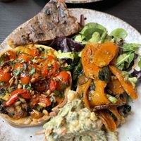 Pepper tart, mushroom flan, roasted carrot and spinach salad and a sweetcorn relish….potato and mustard flan in reservee  at The Purple Carrot in Malton