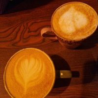 Oat milk lattee & creme brulee soya milk latte at The Purple Carrot in Malton
