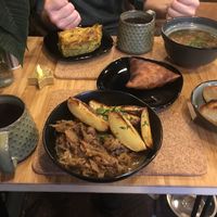 Sauerkraut stew, vegan quiche, mushroom soup and samosa.  at The Purple Carrot in Malton