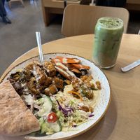 Mushroom shawarma bowl (w sesame tofu) & banana bread matcha #Yum  at Life Alive Organic Cafe in Boston