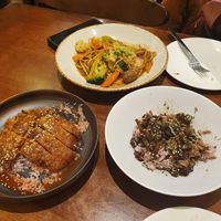 Udon noodles dish, Mock duck on rice, Jackaroo Rice and already eaten Satay Skewers at Chat For Tea in Ballarat