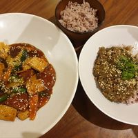 Mock pork + veg black pepper sauce, Jackoo rice, soy mince, shitake + coriander at Chat For Tea in Ballarat