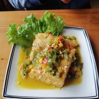 Tofu stuffed with vegetables in orange sauce at Veggie Box in Phong Nha