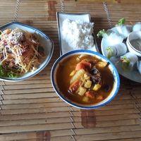 Vegetable curry and spring rolls at Veggie Box in Phong Nha
