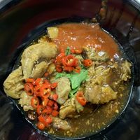 Mock meat in a thick brown sauce, add Chile spices to taste. Truly delish  at Green Bliss Habitat 綠福苑 - Fortune Centre in Central Singapore