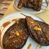 Glass aubergine and mushroom kebabs   at Aromaticus in Rome