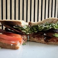 Homemade VEGAN BLT...Using Be-Hive Bacon….and yes it gets crunchy!  at The BE-Hive in Nashville