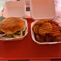 Nashville Hot Sandwich and waffle fries.  at The BE-Hive in Nashville