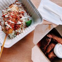 Elote corndog and buffalo seitan wings with ranch dipping sauce. at The BE-Hive in Nashville