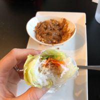 Veggie spring rolls with tofu, the peanut sauce is so fresh, creamy, and delicious.  at Kettle Pho Bistro in Kettle Falls
