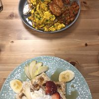 The BIG breakfast and the (special) waffles, both delicious! at Fuzzy Wombat's Kitchen in Port Noarlunga