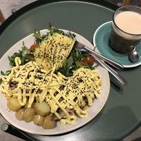 Tofu scramble added avo and oat latte  at Bohl in Barcelona