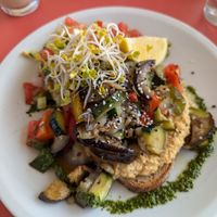 Hummus sandwich with grilled vegetables and tomato salsa at Hermann in Freiburg