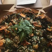 Vegan pesto pizza with pumpkin and spinach at Earth & Soul Pizza in Bairnsdale